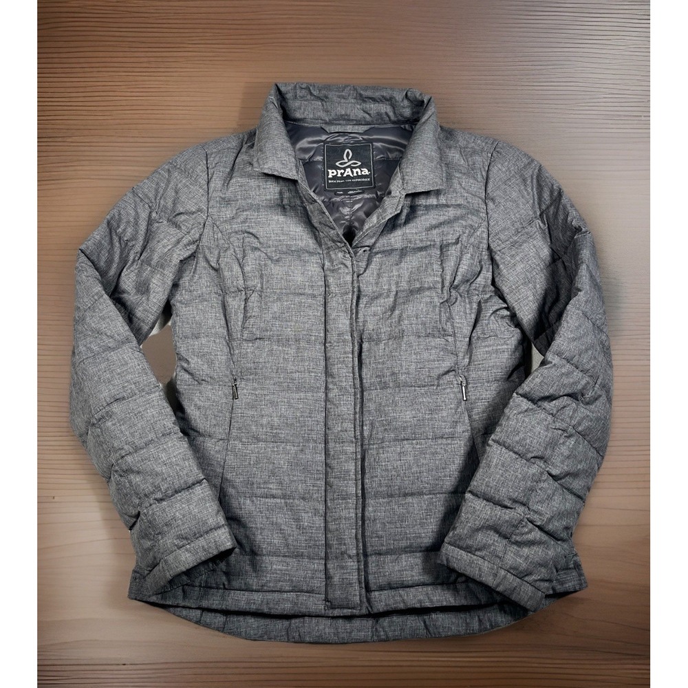 prAna Dawn Blazer Lightweight Down Jacket Women S Gray Full Zip/Snap Pockets-EUC